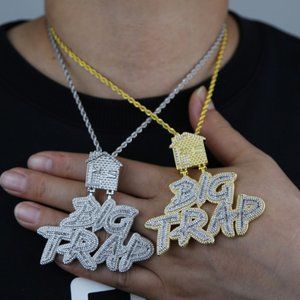 Two tone 14k gold plated micro pave 5a cz big trap House Pendant
